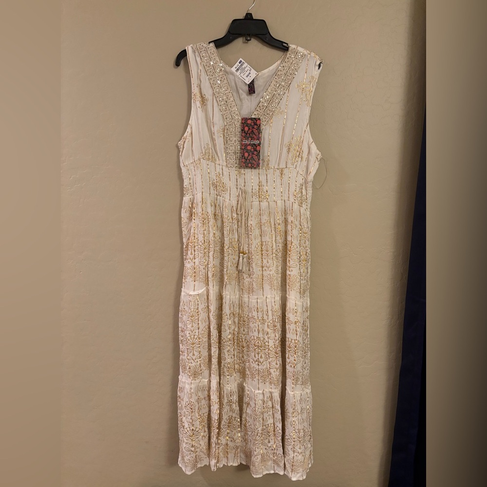 Boho Embroidered Maxi Dress in Cream and Gold